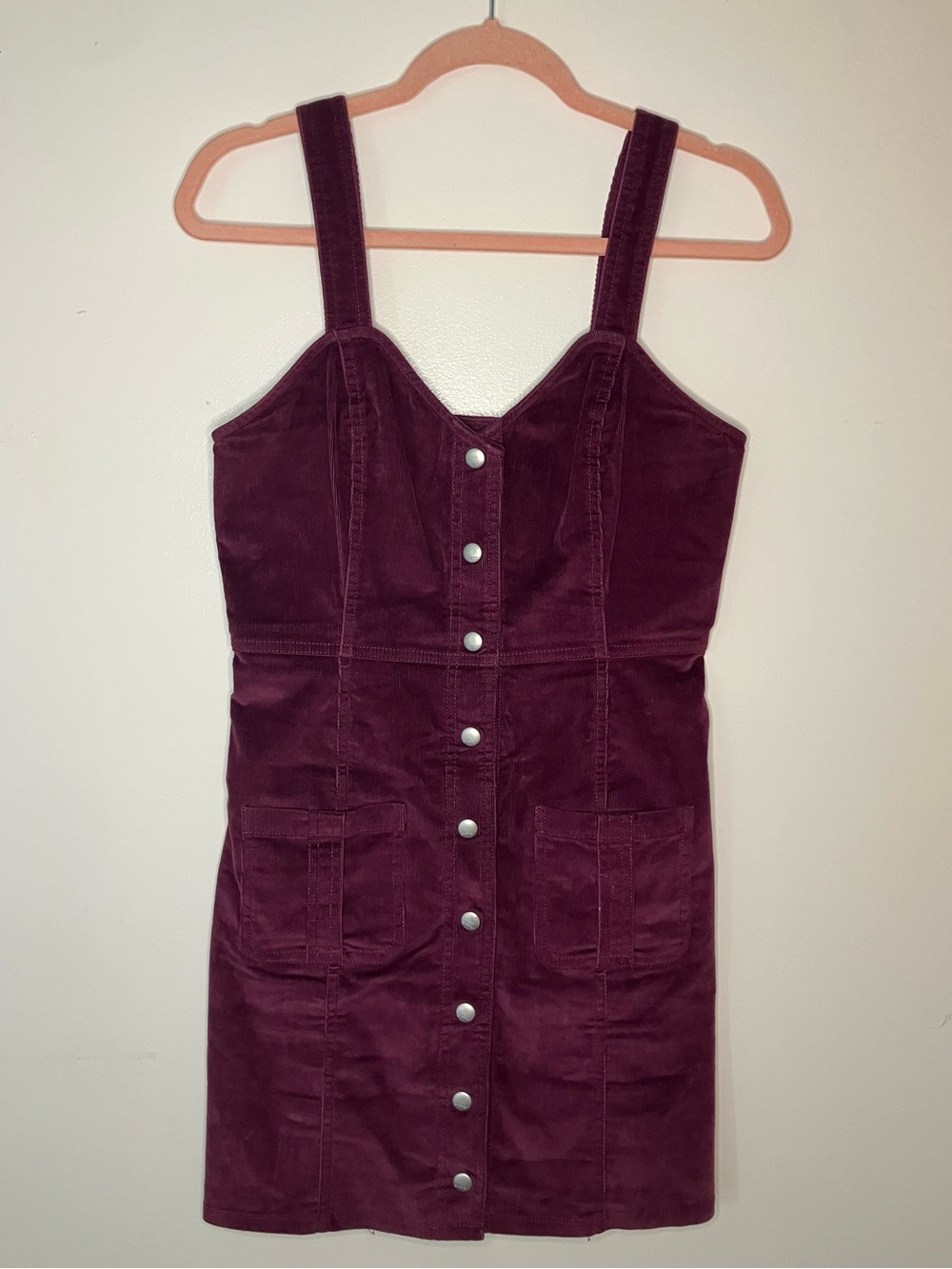 Express Small Burgundy Corduroy Mini Dress Stretch Snap Front Pinafore Style